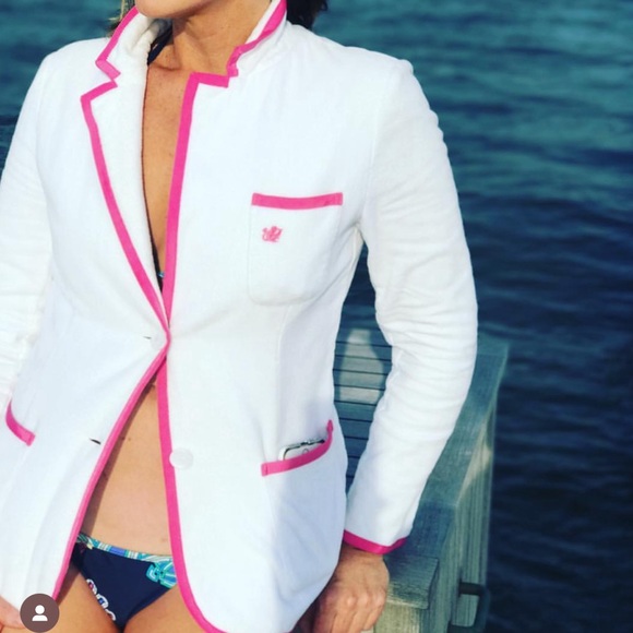 Bask- Baskpoolside - white & pink jacket - Women's White & pink Toweling Blazer - Picture 2 of 12